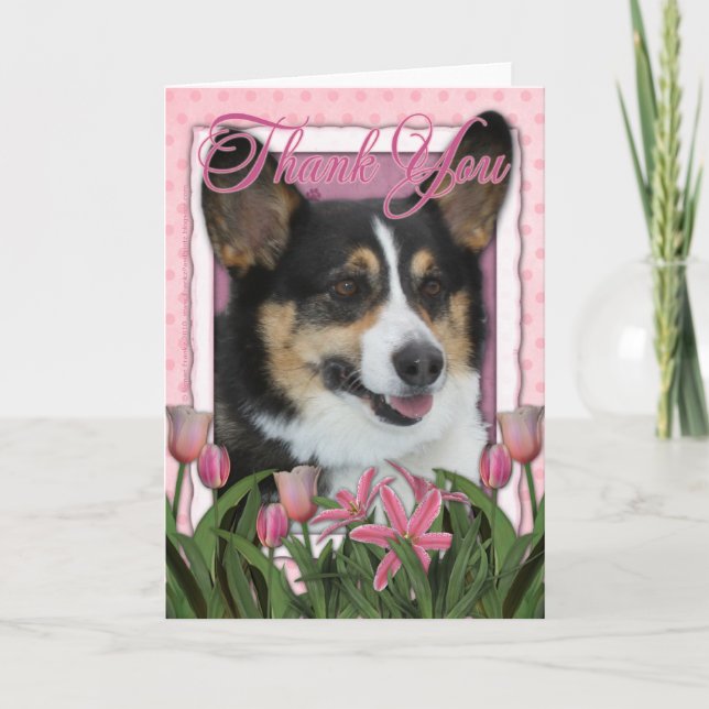 Thank You - Pink Tulips - Corgi Card (Front)