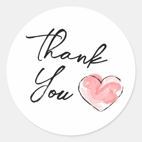 Thank You Pink Watercolor Heart Classic Round Sticker