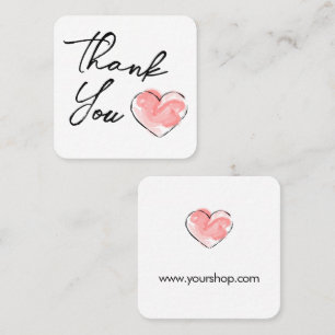 Thank You Pink Watercolor Heart Small Business Square Business Card