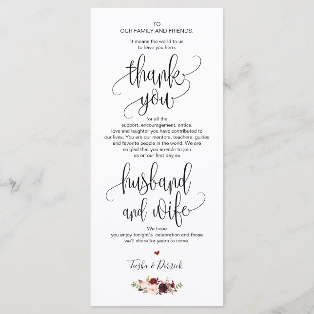 Thank you Place Setting Card for Wedding Dinner v3 (Front)