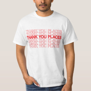 Thank you places shopping bag-inspired red text T-Shirt