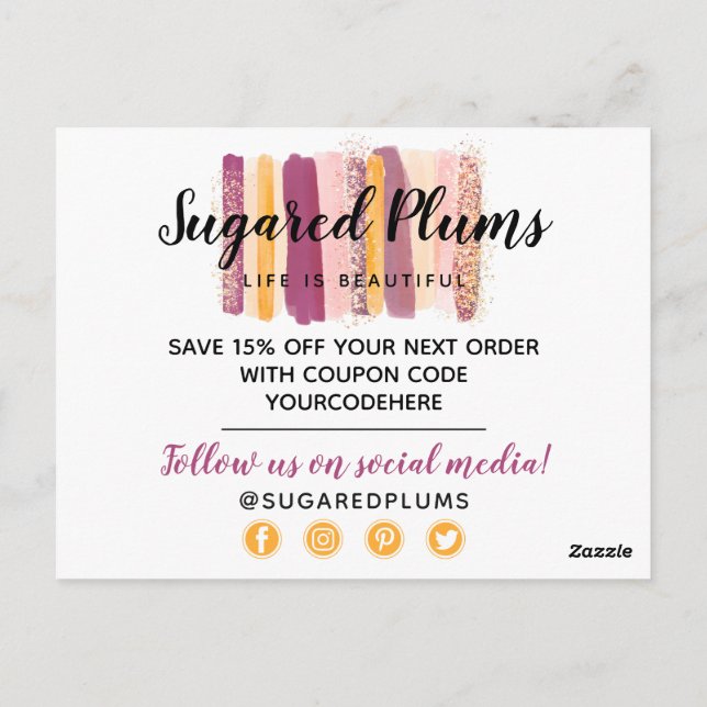 Thank You Plum Purple & Gold Paint Strokes Coupon Postcard (Back)