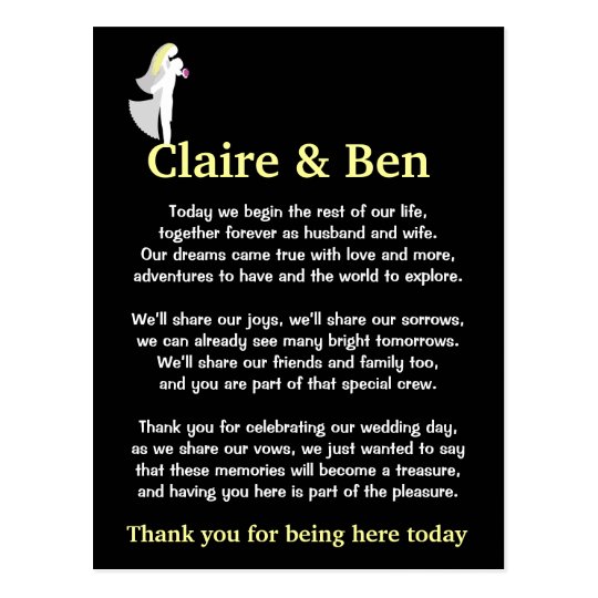 Thank you poem for wedding day guests postcard Zazzle.com