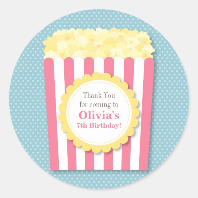 Thank You Popcorn Kids Birthday Party Stickers (Front)