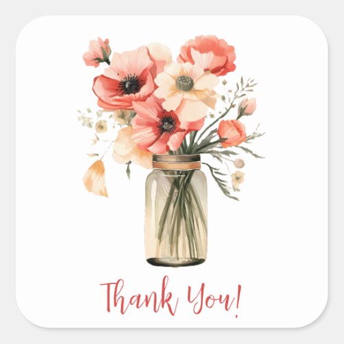 Thank you poppies in a mason jar square sticker