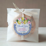 Thank You Positano Lemons Wedding Shower Favor Classic Round Sticker<br><div class="desc">Thank you stickers for any event (shown here for a Bridal Shower but all of the text fields are customizable). The design features watercolor lemons with pretty pink florals with cobalt blue and fuchsia pink text.</div>