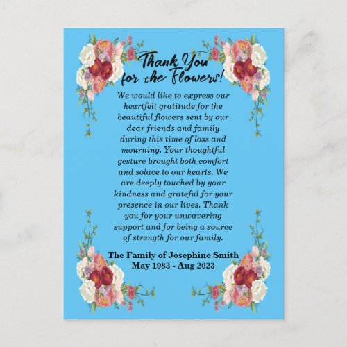 Thank You Postcard For Sending Flowers After Death