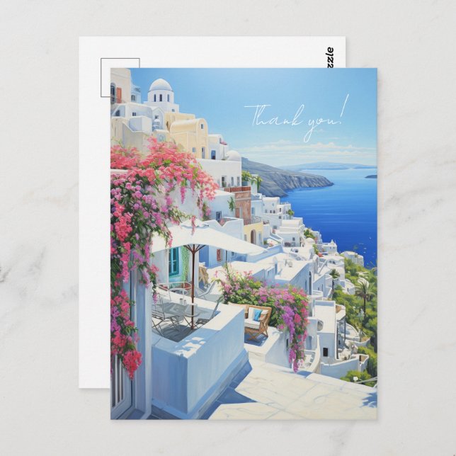“Thank You” postcard with a view of Santorini (Front/Back)