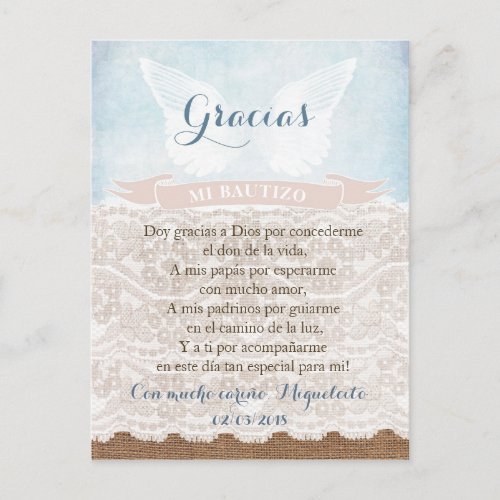 Thank you prayer card in Spanish, boy baptism