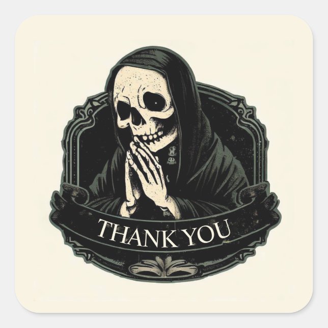 'THANK YOU - PRAYING SKULL'  SQUARE STICKER (Front)