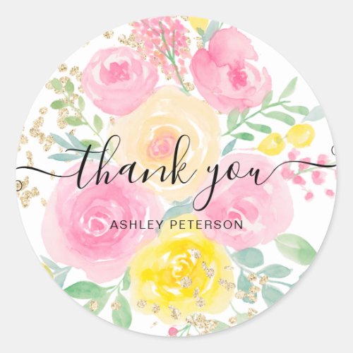 Thank you pretty pink chic floral watercolor gold classic round sticker