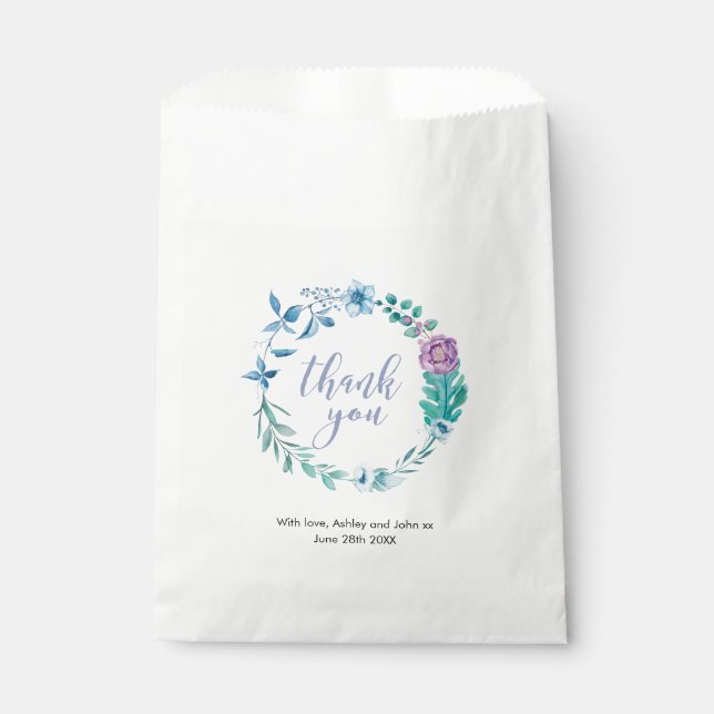 Thank you purple blue floral Wedding Favor Bags (Front)