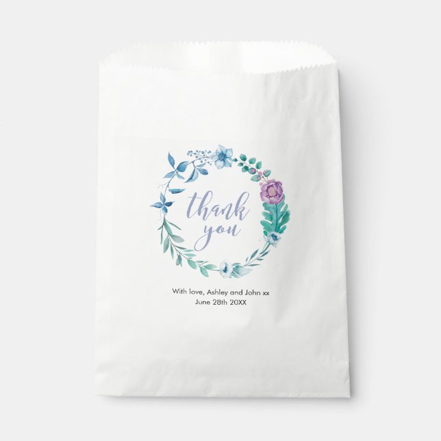 Thank you purple blue floral Wedding Favor Bags (Front)