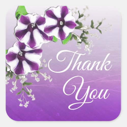 Thank You Purple Floral Petunia Square Sticker
