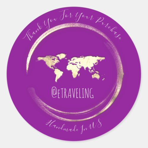 Thank You Purple Gold World Map Traveling Globe   Classic Round Sticker