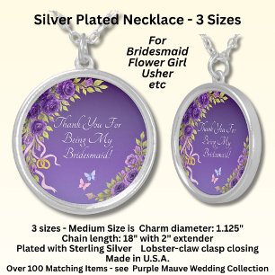 Thank You, Purple Mauve Flowers & White Wedding Silver Plated Necklace