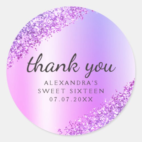 Thank You Purple Ombre Glitter Girly Sweet 16 Classic Round Sticker