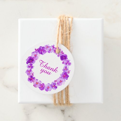 Thank you purple pansy wreath art  favor tags