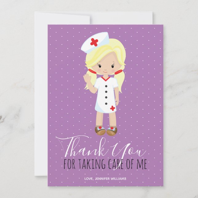 Thank You Purple Script Blonde Cartoon Nurse (Front)
