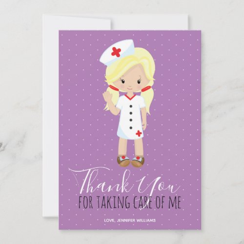 Thank You Purple Script Blonde Cartoon Nurse