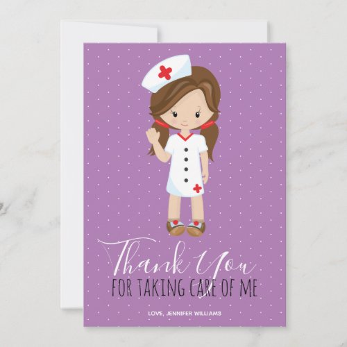 Thank You Purple Script Brunette Cartoon Nurse