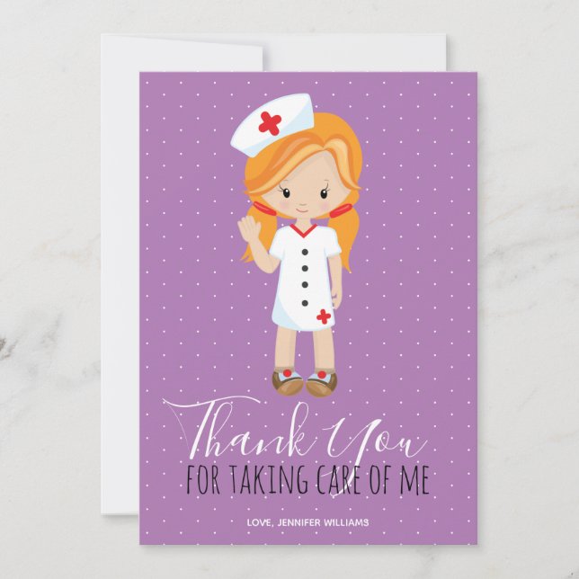 Thank You Purple Script Ginger Cartoon Nurse (Front)