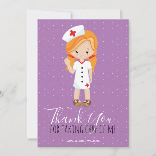 Thank You Purple Script Ginger Cartoon Nurse