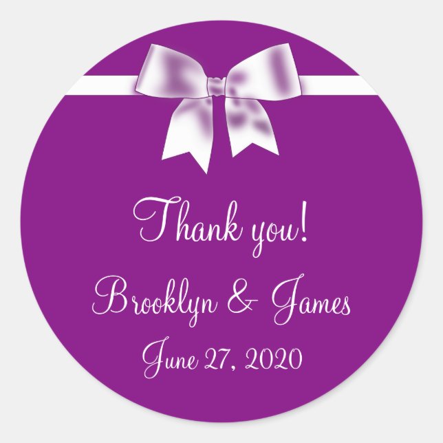 Thank You Purple Wedding Favor Stickers With Bow (Front)