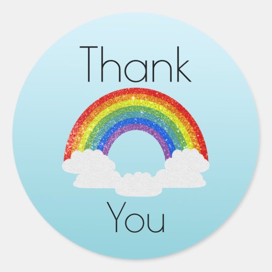 Thank You Rainbow Glitter on Blue Gradient Classic Round Sticker ...