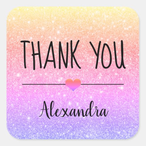 Thank you rainbow glitter personalized   square sticker