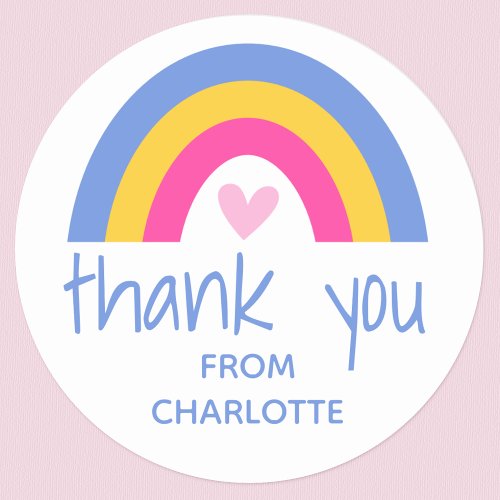 Thank you Rainbow Heart Kids Birthday Party Blue Classic Round Sticker