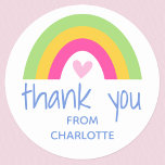 Thank you Rainbow Heart Kids Birthday Party Green Classic Round Sticker<br><div class="desc">Show your appreciation with this stylish birthday party sticker! A cute design featuring a colorful rainbow over a heart, and personalized with a child's name. This custom template is great for kids' party favors, envelope seals, or for fixing ribbons and tags to parcels. Perfect for thanking guests at children's birthday...</div>
