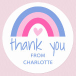 Thank you Rainbow Heart Kids Birthday Party Pink Classic Round Sticker<br><div class="desc">Show your appreciation with this stylish birthday party sticker! A cute design featuring a colorful rainbow over a heart, and personalized with a child's name. This custom template is great for kids' party favors, envelope seals, or for fixing ribbons and tags to parcels. Perfect for thanking guests at children's birthday...</div>