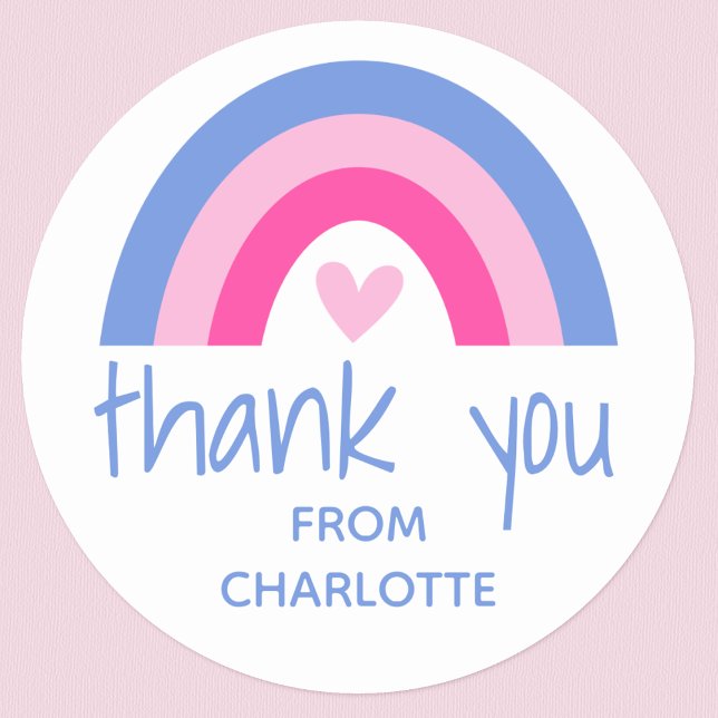 Thank you Rainbow Heart Kids Birthday Party Pink Classic Round Sticker (Creator Uploaded)