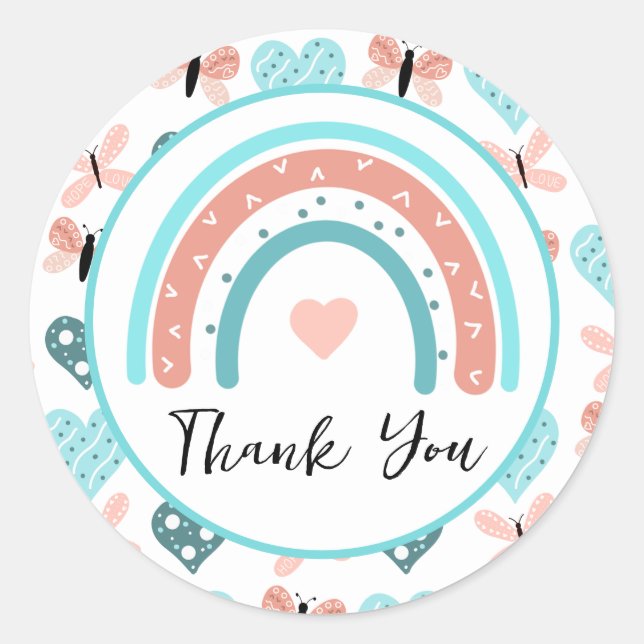 Thank You Rainbows, Butterflies and Hearts Classic Round Sticker (Front)