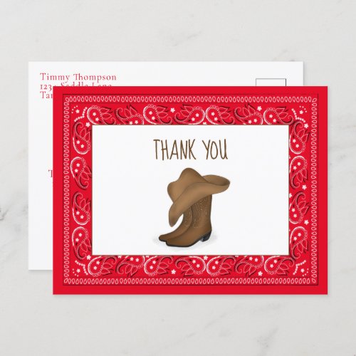Thank You Red Bandana Cowboy Cute Hat and Boots Postcard