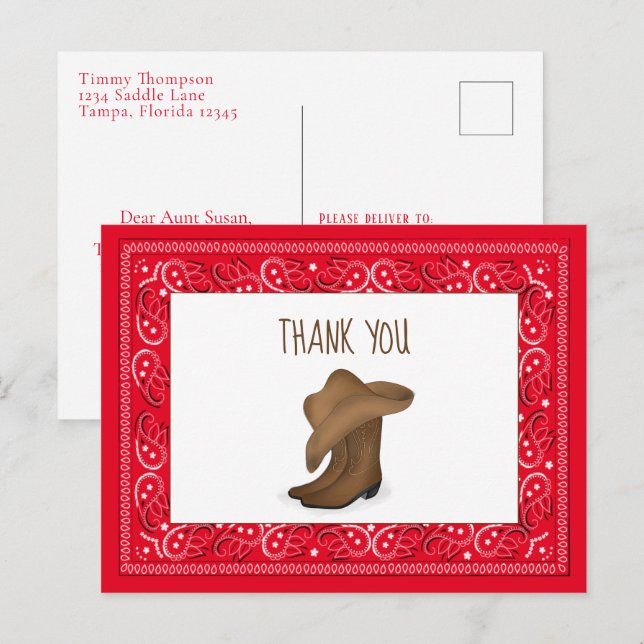Thank You Red Bandana Cowboy Cute Hat and Boots Postcard (Front/Back)