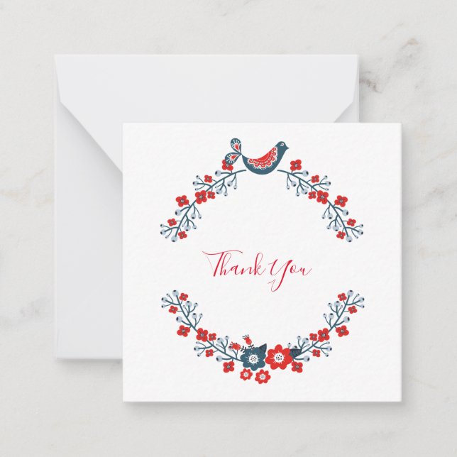 Thank you Red Floral Bird Modern Note Card (Front)
