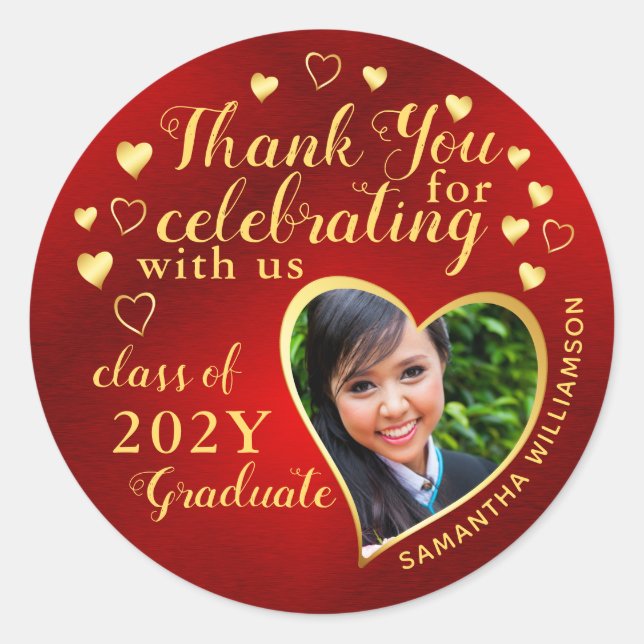 Thank You Red & Gold 2025 Party Graduation Favor Classic Round Sticker (Front)