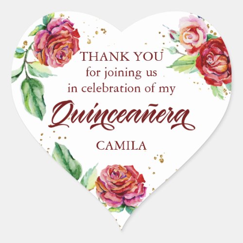 Thank You Red Gold Floral Watercolor Quinceanera Heart Sticker