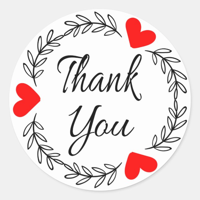 Thank You Red Heart Black Laurel Leaf Wreath Classic Round Sticker (Front)