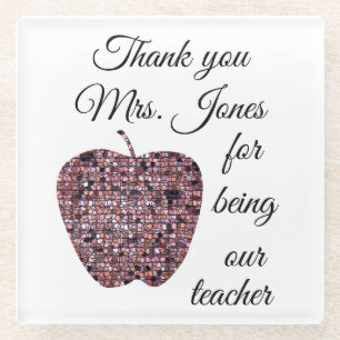 Thank You Red Mosaic Apple Teacher Appreciation Glass Coaster