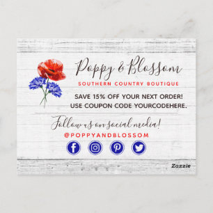 Thank You Red Poppy & Cornflower Rustic Wood Postcard
