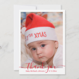 thank you,red script baby boy photo note card
