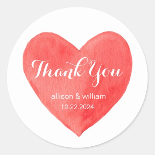 Thank You Red Watercolor Heart Personalized Name Classic Round Sticker