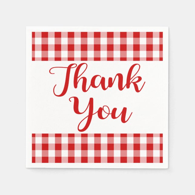 Thank You Red & White Checks Gingham Plaid Paper Napkins (Front)