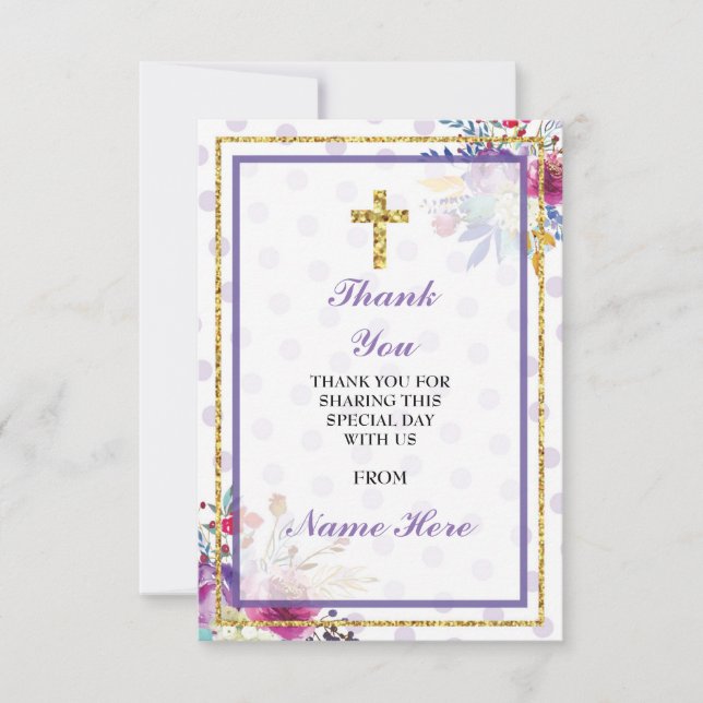 Thank You Religious Holy Cross Floral Baptism Card (Front)