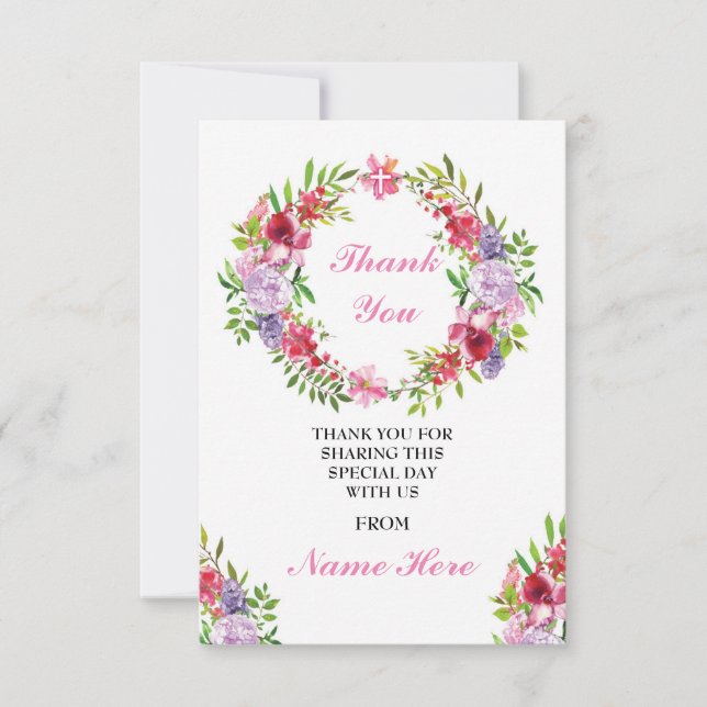 Thank You Religious Wreath Cross Floral Holy Cards (Front)