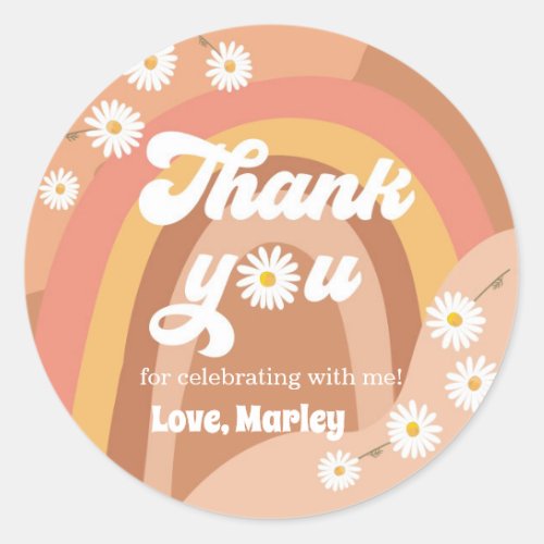 Thank You Retro Hippie Rainbow Daisy Favor Girl Classic Round Sticker