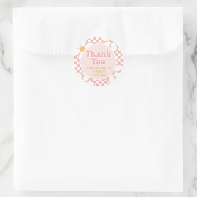 Thank you retro Pink Daisy Checker Classic Round Sticker (Bag)
